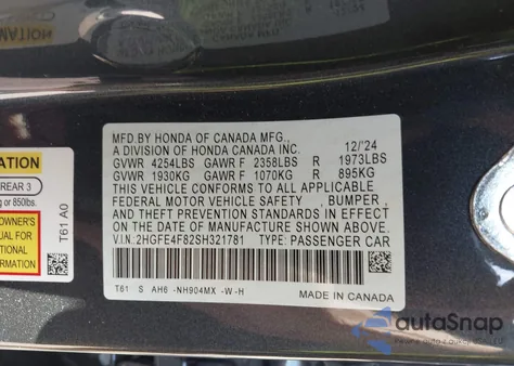2025 Honda Civic Hybrid Sport/Sport Touring z USA, uszkodzony, nr VIN 2HGFE4F82SH321781